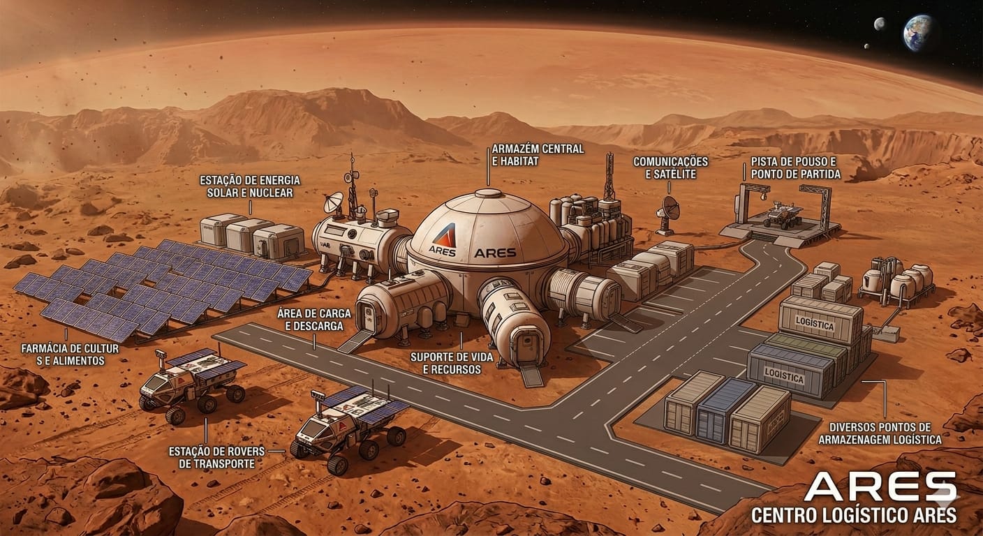 Imagem original da proposta ARES com energia solar e nuclear, alimentos, carga e descarga, rovers, armazém central e habitat, suporte de vida, comunicações, pouso e depósitos logísticos